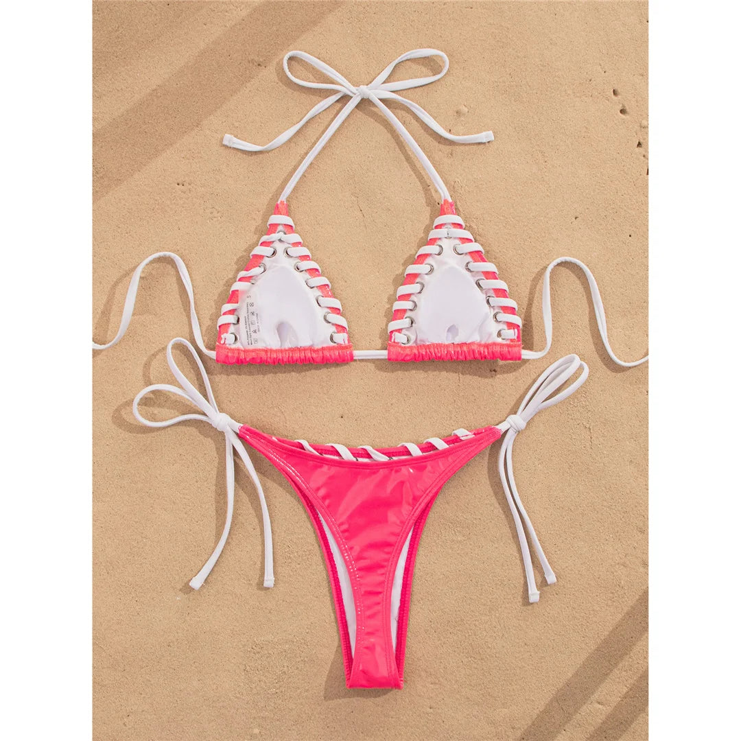 PU Faux Leather Halter Bikini Female Swimsuit Women Swimwear Two-Pieces Bikini Set High Cut Leg Bather Bathing Suit Swim V8095