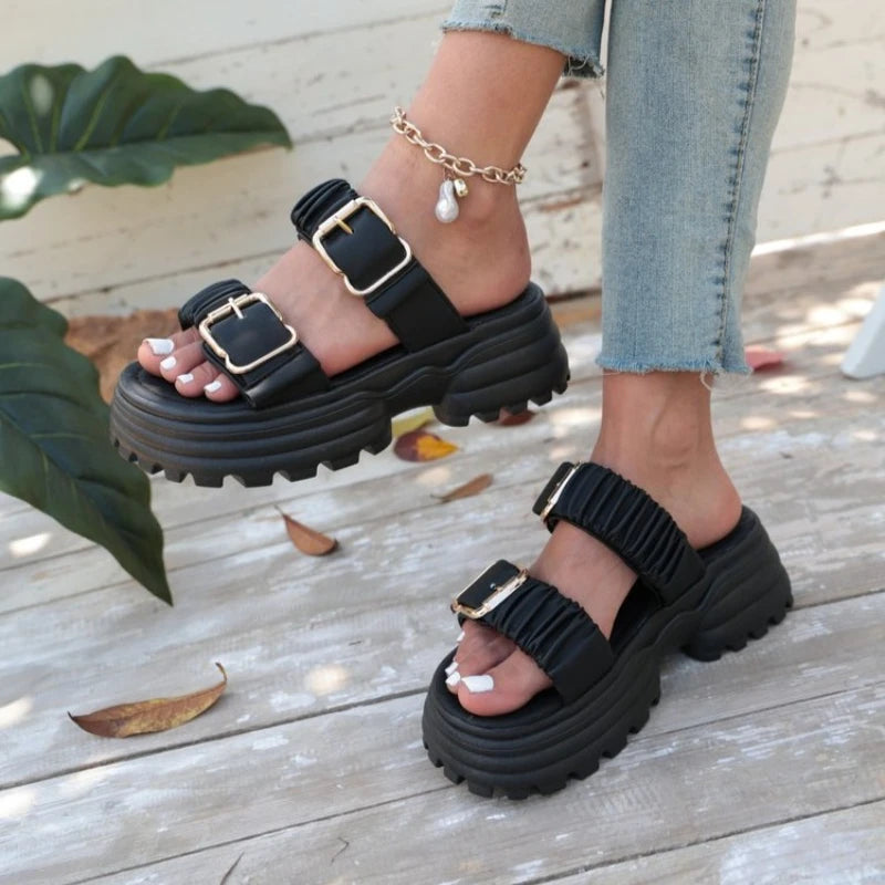 Women Platform Slide Sandals Double Buckle Open Toe Casual Beach Summer Slides Lightweight Comfortable Thick Sole Slippers