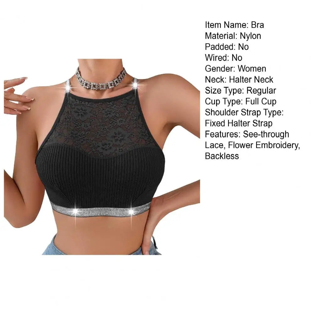 Women Vest Bra See-through Halter Neck Flower Backless Sports Style Knitted Elastic Crop Top Bra for Yoga Gym Running