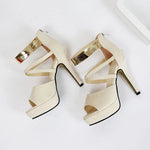 Women's Sexy Peep Toe Platform 12cm High Heel Sandals with Gold Metal Classic Ankle Strap Crisscross Stiletto Heel Party Shoes