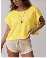 Summer Back Hollow Out Yoga T Shirts Women Polka Dot Print Short Sleeve Loose Sports Cover Up Breathable Training Fitness Tops