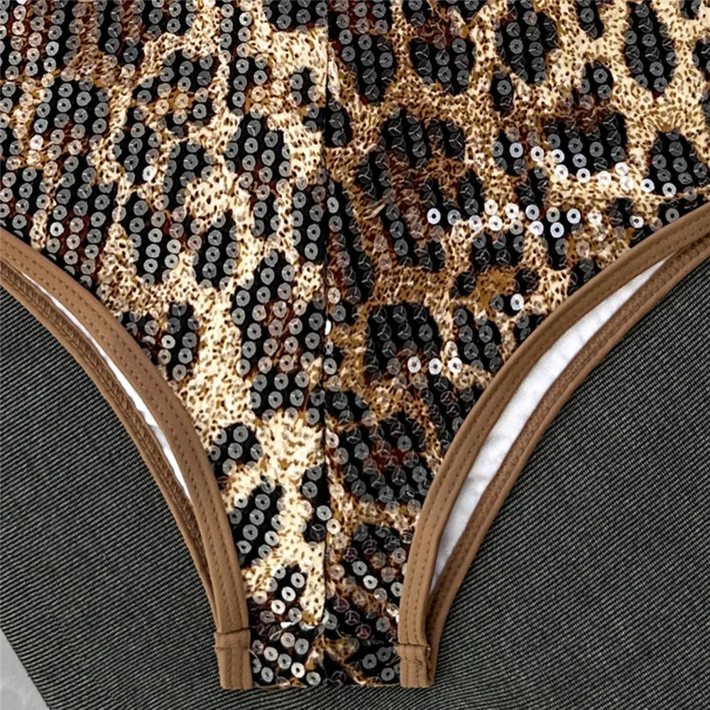 Sexy Brown Leopard Sequin Swimwear Halter String Triangle Bikini Femmes Women 2026 Micro Thong Swimsuit Bikinis Sets De Mujer