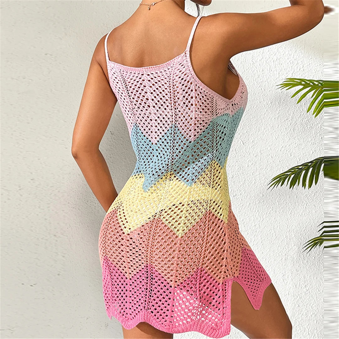 2025 New Colorful Hollow Out Crochet Knitted Tunic Beach Cover Up Cover-ups Beach Dress Beach Wear Beachwear Female Women K6522