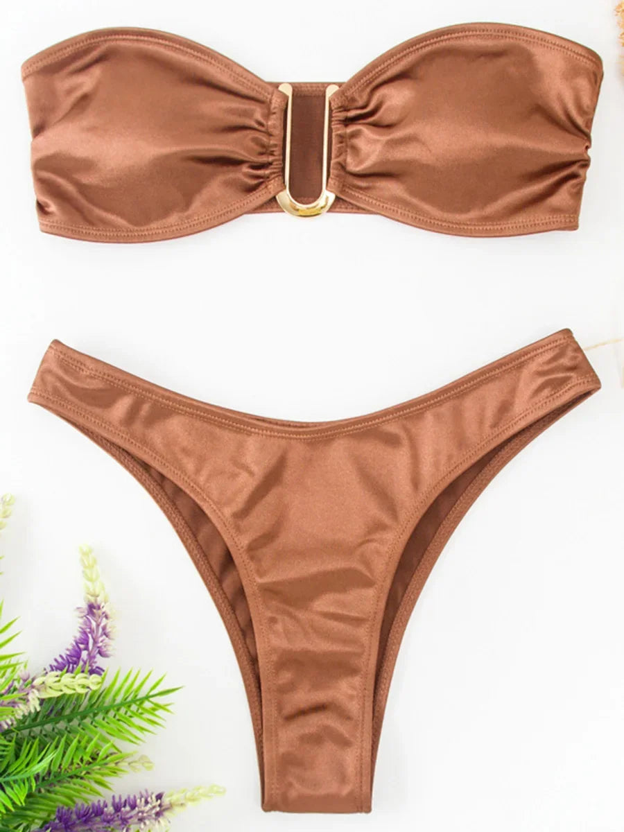 Shiny Bandeau Bikinis 2025 Strapless Bikini Female Swimsuit Women Swimwear Two-pieces Bikini Set High Cut Bathing Suit Swim Lady