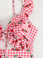 Vintage Pink Starberry Print One Piece Swimsuit 2026 Women Ruffles Bandage Cross High Waist Bikini Beach Bathing Suit Swimwear