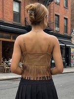 Summer Women's Tassel Corset Tops Retro Cowboy Stylish Sleeveless V Neck Vest Spaghetti Strap Tank Top for Party Street
