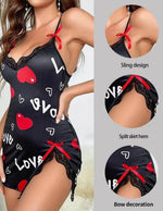 New Sexy Black Nightgown for Women Red HeartLove Print Satin Lace Trim Mini Chemise Adjustable Spaghetti Strap Lingerie