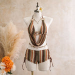 Vintage Blue Striped Knitted Cover Up 3 Piece Bikini Set 2026 Swimwear Women Push Up Bra Drawstring High Waist Shorts Swimsuit
