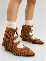 Women's Vintage Fringe Summer Ankle Boots Bohemian Buckle Straps Pointed Toe Ethnic Tassel Hollow Out Western Cowgirls Shoes