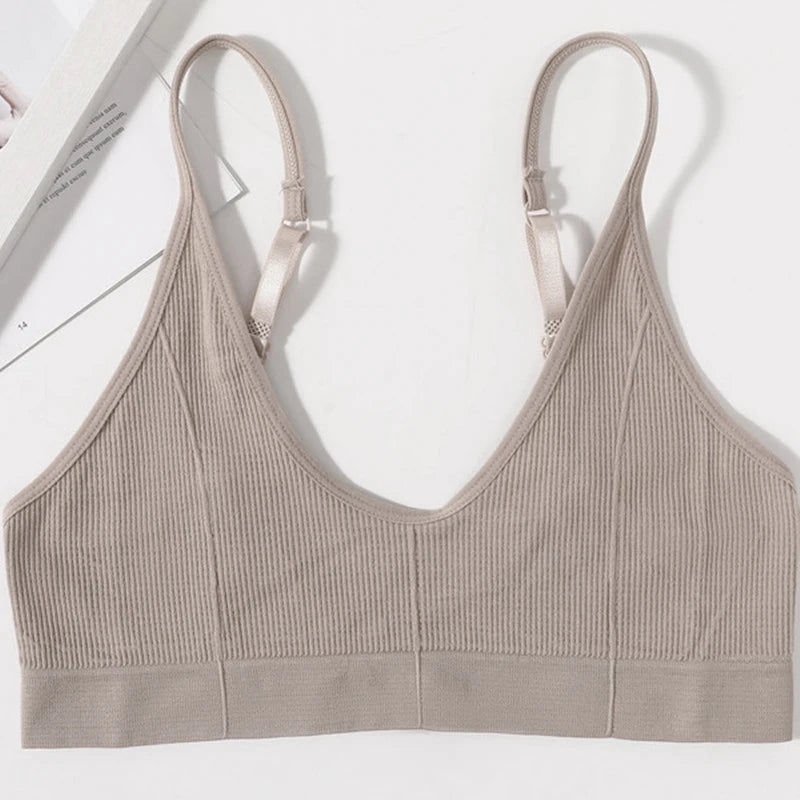 Seamless Tube Top Women's Ribbed V-Neck Wireless Bralette U-Back Daily Wear Bra Sexy Lingerie Adjust Straps Sports Underwear M-L