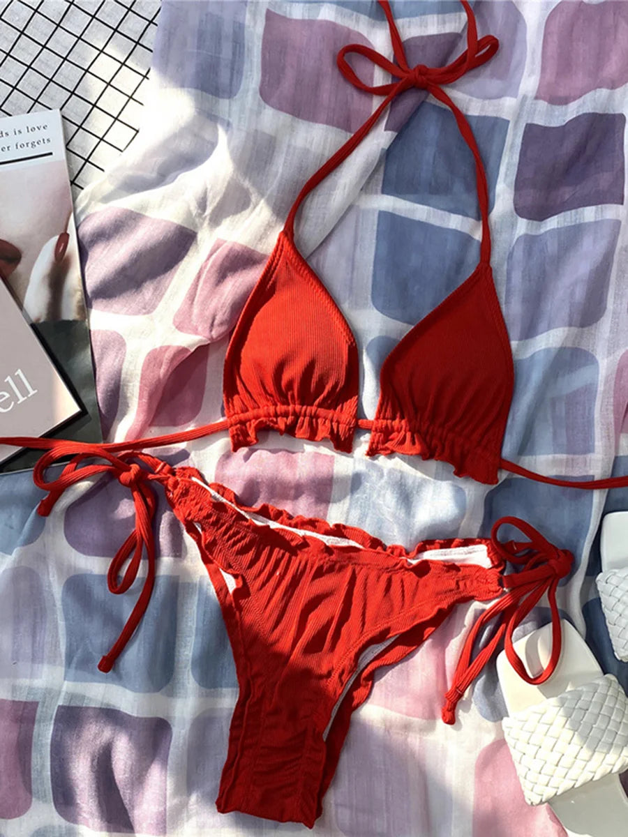 2026 Ribbed Ruffled Frilled Brazilian Bikini Women Swimsuit Female Swimwear Two Pieces Bikini Set Halter Bathing Suit Swim Lady