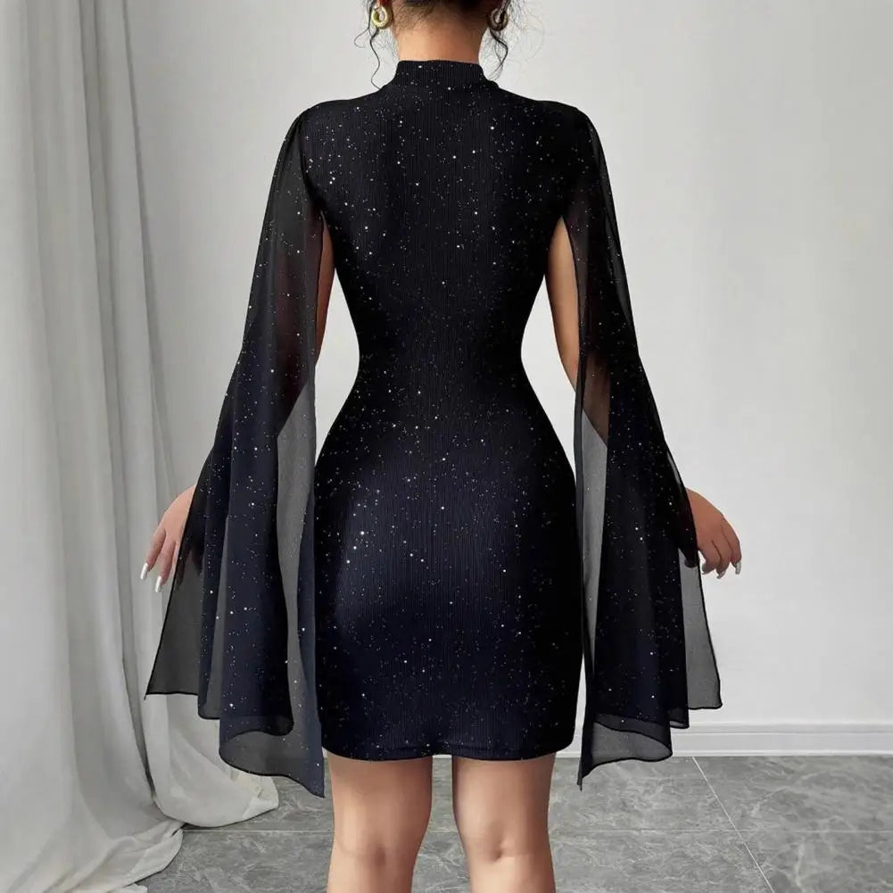Women's Cape Sleeve Dress Mock Neck Bodycon Mini Dress Sexy Shiny Chiffon Cloak Sleeve Cocktail Dress for Wedding Evening Party