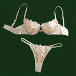 French-style atmosphere white floral appliqued lingerie, wedding and date sexy satin sheer bra thong set ZA824031