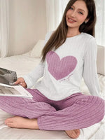 Women Autumn Winter Warm Pajamas Set Casual Fleece-Lined Round Neck Long Sleeve Tops and Trouses Sets Homewear Loungewear