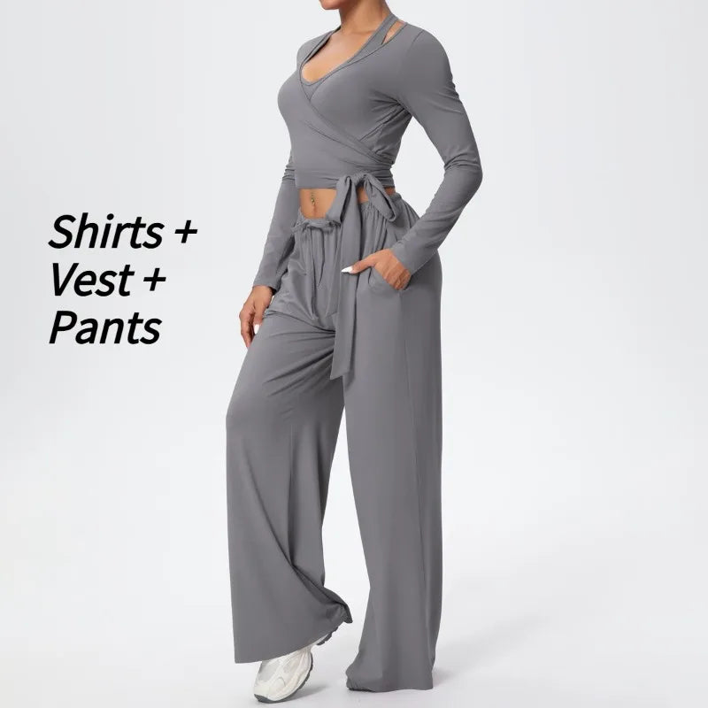 3 Pcs Women's Seamless Yoga Set Sports Fitness Gym Slim-Fit Long Sleeve & Tank Top Suits Workout Running Training Sets
