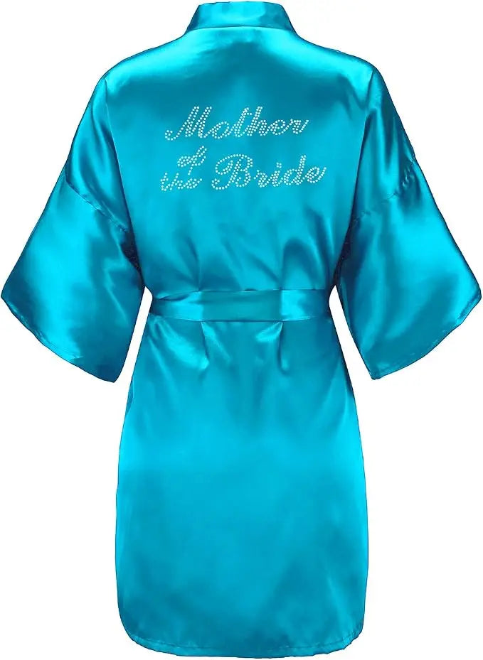 Women's Satin Kimono Robes with Rhinestones Bride Bridesmaid Short Getting Ready Wedding Dressing Gown