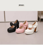 Plus Size Women's Bow Mary Janes Platform Chunky Heels Ankle Strap High Heel Pumps Sweet Lolita Party Dress Shoes