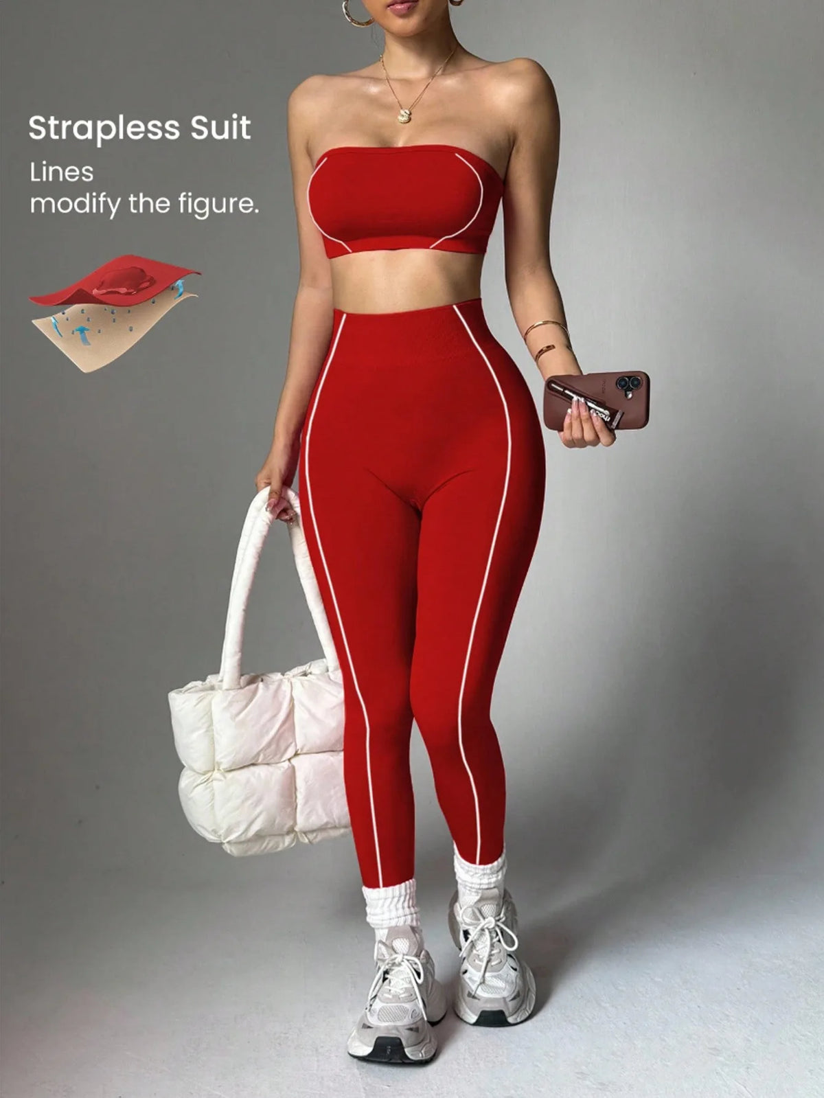 Women Strapless Bandeau Sports Bra Seamless High Waist Yoga Leggings Set Padded Workout Fitness Gym 2 Piece Outfits