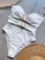 6 Colors Sexy Metal Rings Cut Out Women Swimwear One Piece Swimsuit Female Bandeau High Leg Cut Bather Bathing Suit Swim B027D