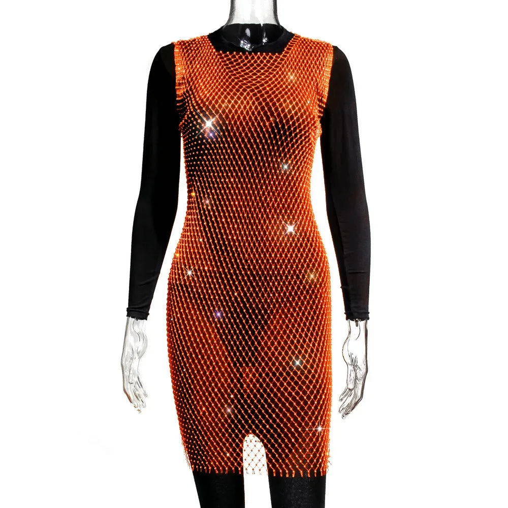 XS-2XL 15 Colors Rhinestones Fishnet Dress O-Neck Grid Swimsuit Bikini Cover Up Beach Pool Party Cover-ups for Swimwear Women