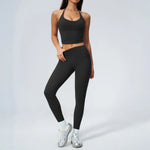 Women Tracksuit 2PCS Seamless Yoga Sets Hanging V Neck Slim Sports Tank Top Fitness Outfits Gym Running High Waist Leggings Suit