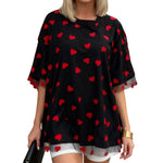 Summer T-Shirt Women Casual Loose Fit Stylish Love Heart Print Crew Neck Short Sleeve Tops