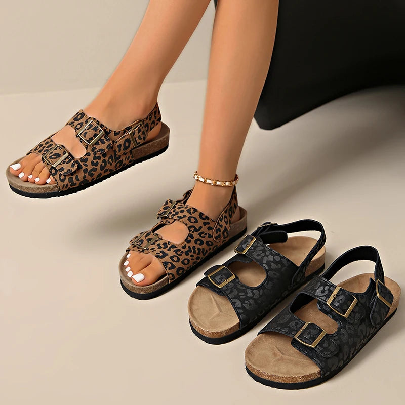 Fashion Bukcle Leopard Print Sandals Women 2025 Summer Back Strap Platform Sandles Woman Comfortable Plus Size Beach Sandalias