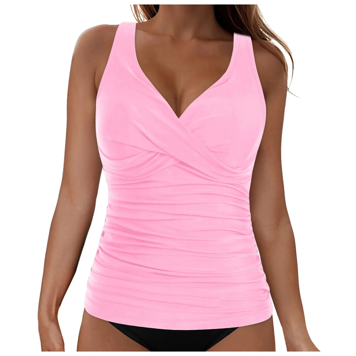 Women Bikini Tankini Top Front Knot Ruched Swimsuit V Neck Bathing Suit Swim Top Cross Back Swimwear Tops Summer Beach Wear