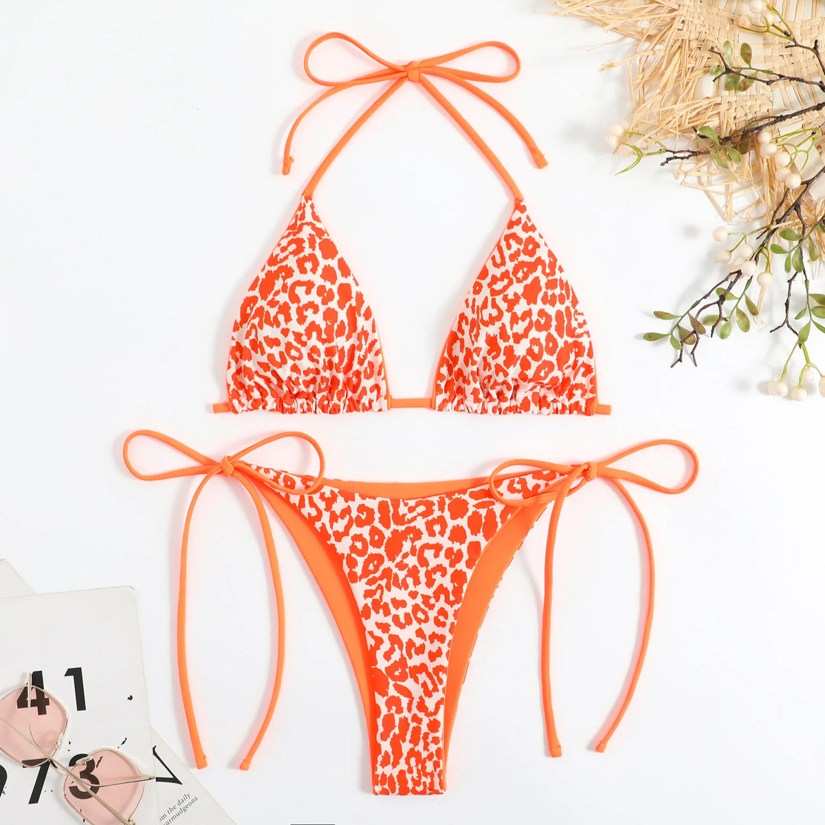 sexy string leopard print bikinis set swimsuit halter tie thong swimsuit Swimwear Biquini conjunto de bikini tankini beachwear