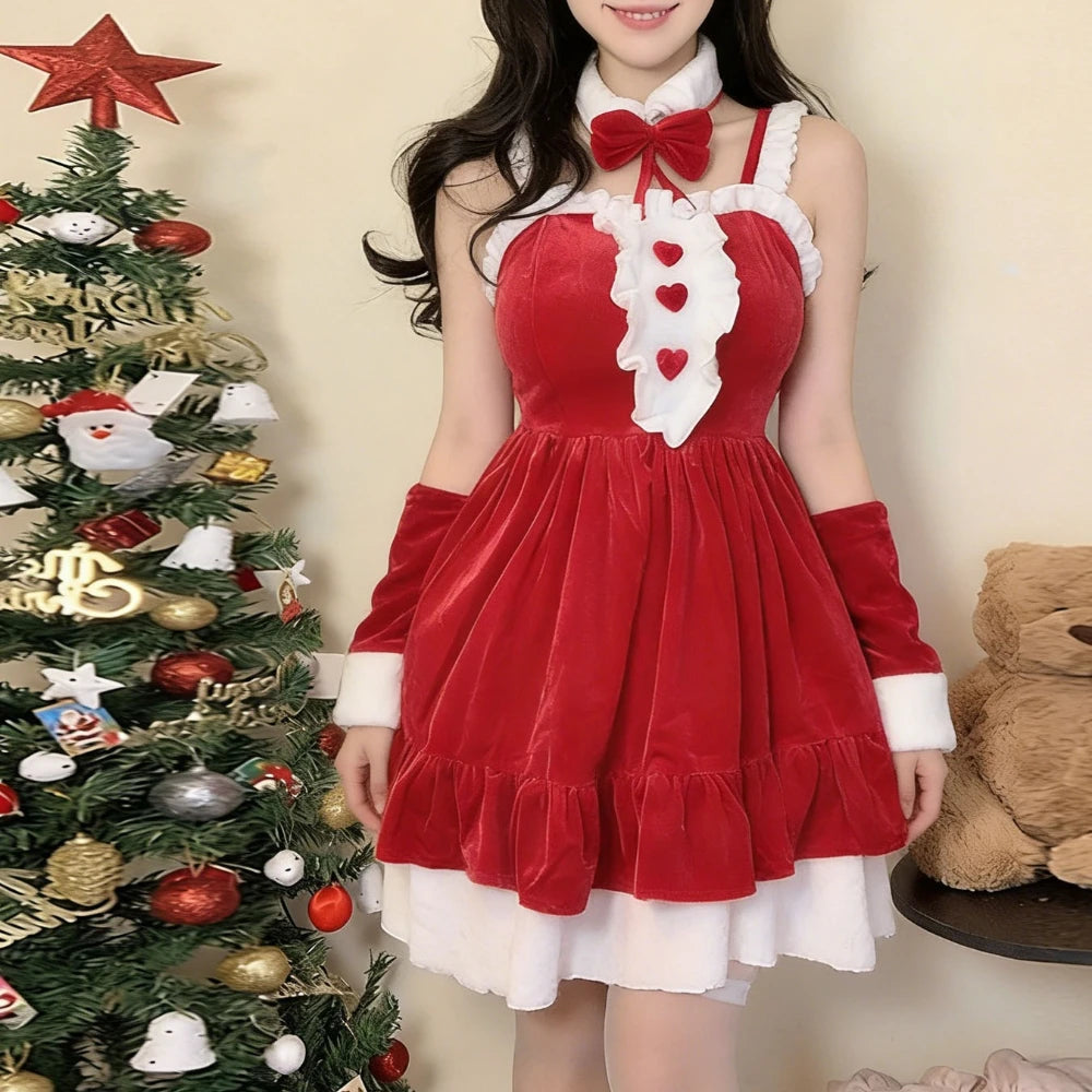 Women Christmas Red Lingerie Plush Patchwork Strapless Tube Dress Christmas Party Cosplay Costume With Arm Sleeve and Choker