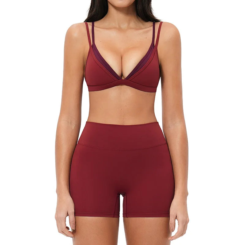 Women 2PCS Yoga Suit Double Strap Shockproof Sports Bra High Waist Tigh Short Fitness Suit Gym Running Leggings Tracksuits