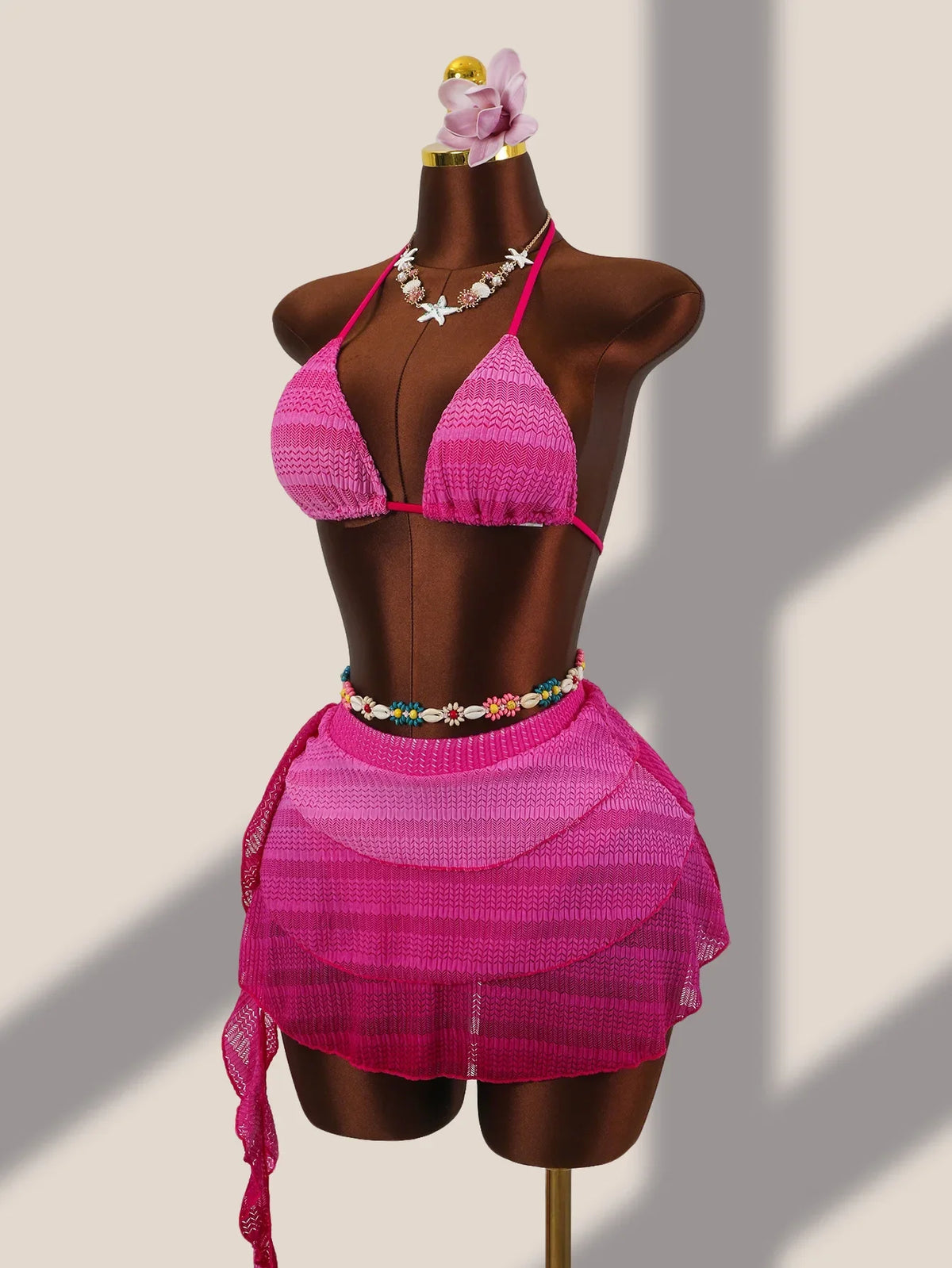 Vintage Hot Pink Gradient Bikini Set 2026 Women Push Up Bra Holiday Mesh Pleate Cover Up 3 Piece Swimsuit Bathing Suit Swimwear