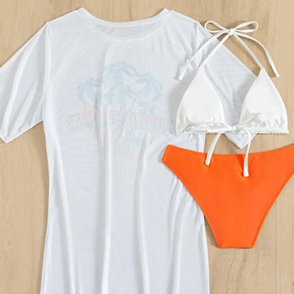3Pcs/Set Summer Women Bikini Set Solid Color Halter Bra Low-rise Briefs Lace-up See-through Tropical Print Bathing Suit