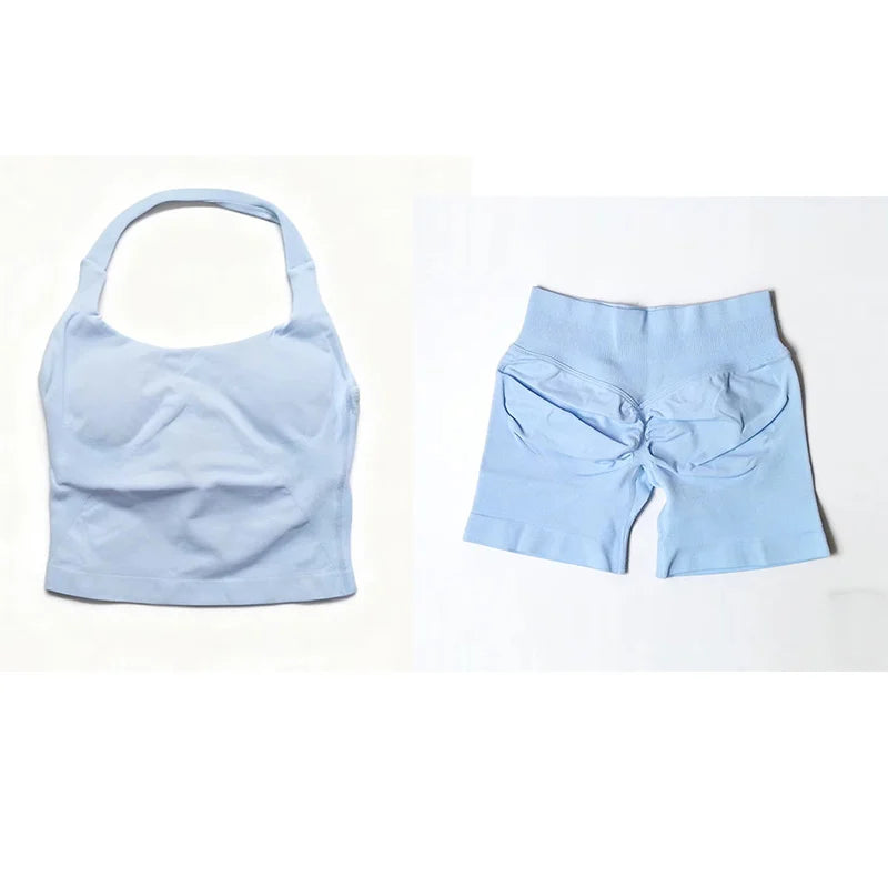 Yoga Sets Women Gym Clothes Longline Strappy Top High Waist Shorts Activewear 2 Piece Set Fitness Suit Running Workout Suits