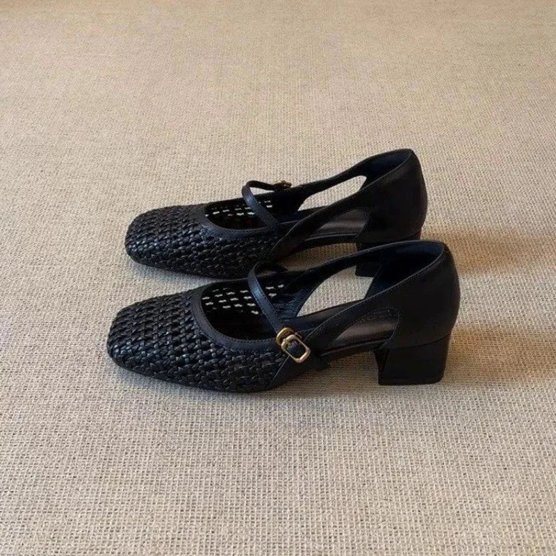 French Single Shoes Women Spring Summer Cutout Woven Square Toe Kitten Heel Block Heel Off-White Sandals