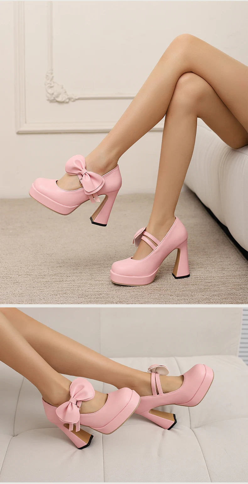 Plus Size Women's Bow Mary Janes Platform Chunky Heels Ankle Strap High Heel Pumps Sweet Lolita Party Dress Shoes