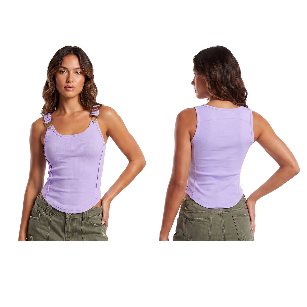 Summer Women's Solid Ribbed Tank Tops Stylish Sleeveless U Neck Camisole with Metal Buckle Straps Gothic Punk Vest