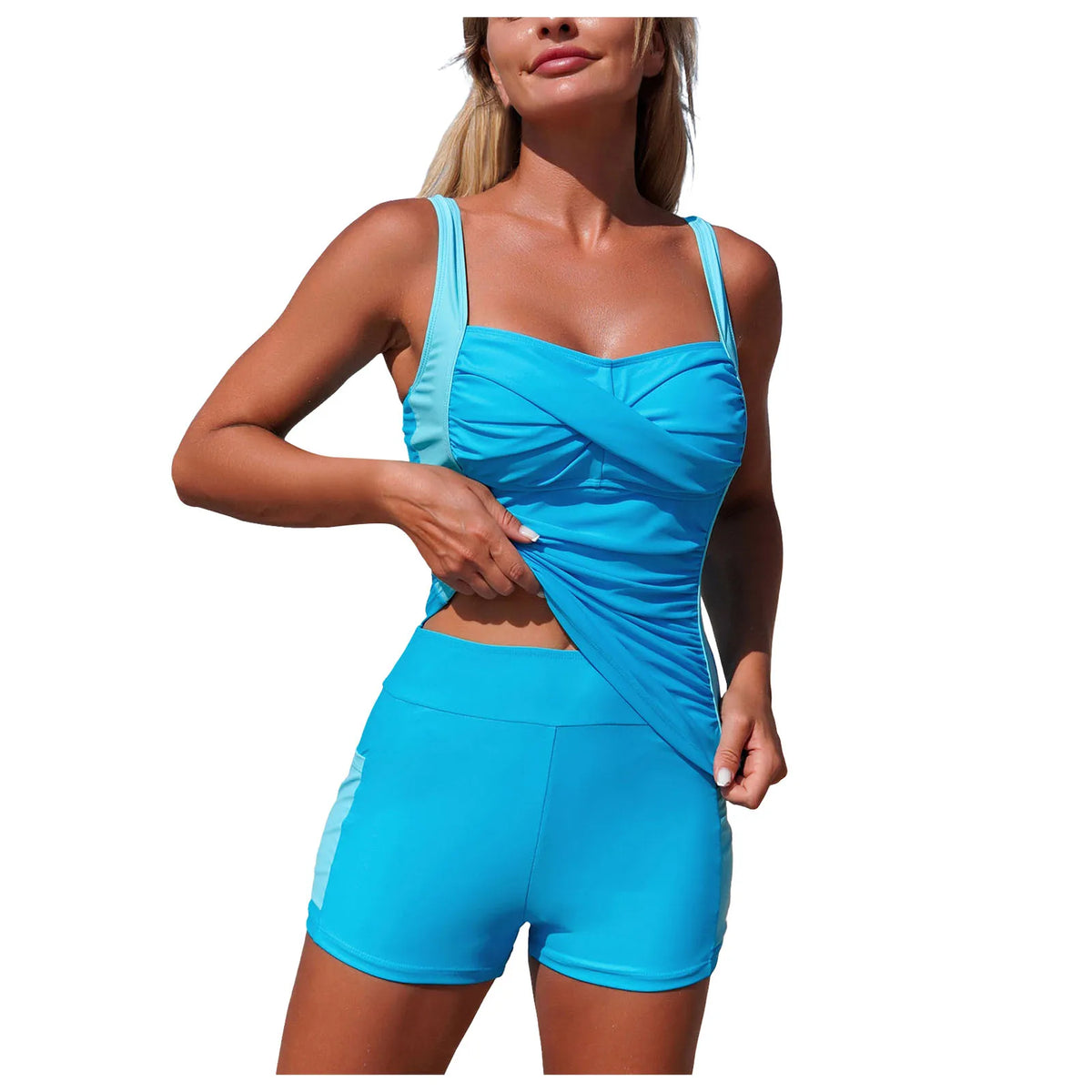 Women's Two Piece Swimsuit With Pocket Color Blocked Sporty Tankini High Waist Ruched Bathing Swimming Suit Summer Beachwear