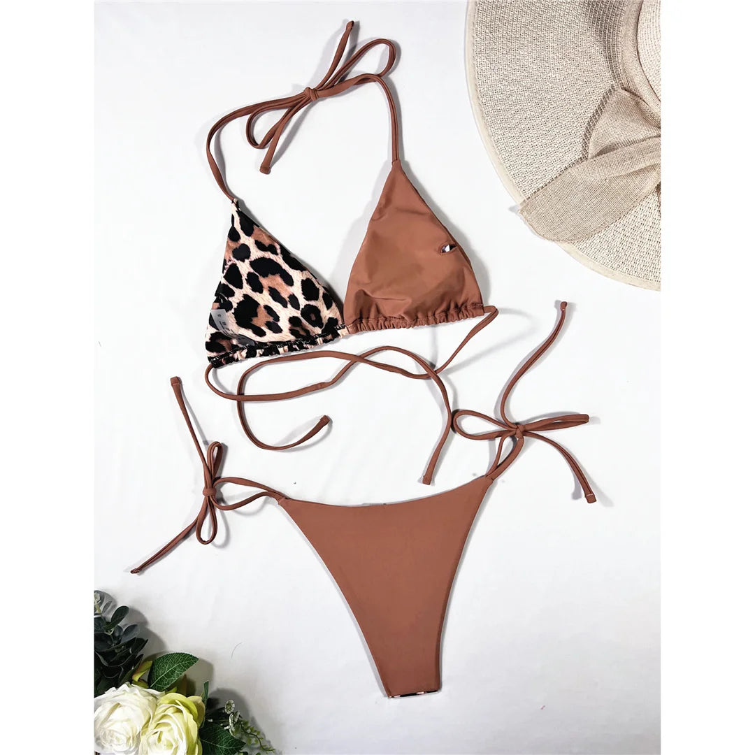 XS - L 8 Color Splicing Halter Leopard Bikini Female Swimsuit Women Swimwear Two-piece Bikini set Bather Bathing Suit Swim V3736