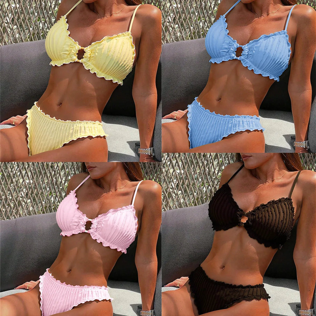 Summer Ruffles High Waist Bikini Set 2026 Women Hollow Out Circle Push Up Bra Two Piece Swimsuit Beach Bathing Suit Swimwear