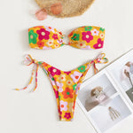 Sexy Bandeau Bikini 2025 Women Pink Floral Print Ring Circle Push Up Micro Swimsuit Off Shoulder Bathing Suit Thong Swimwear
