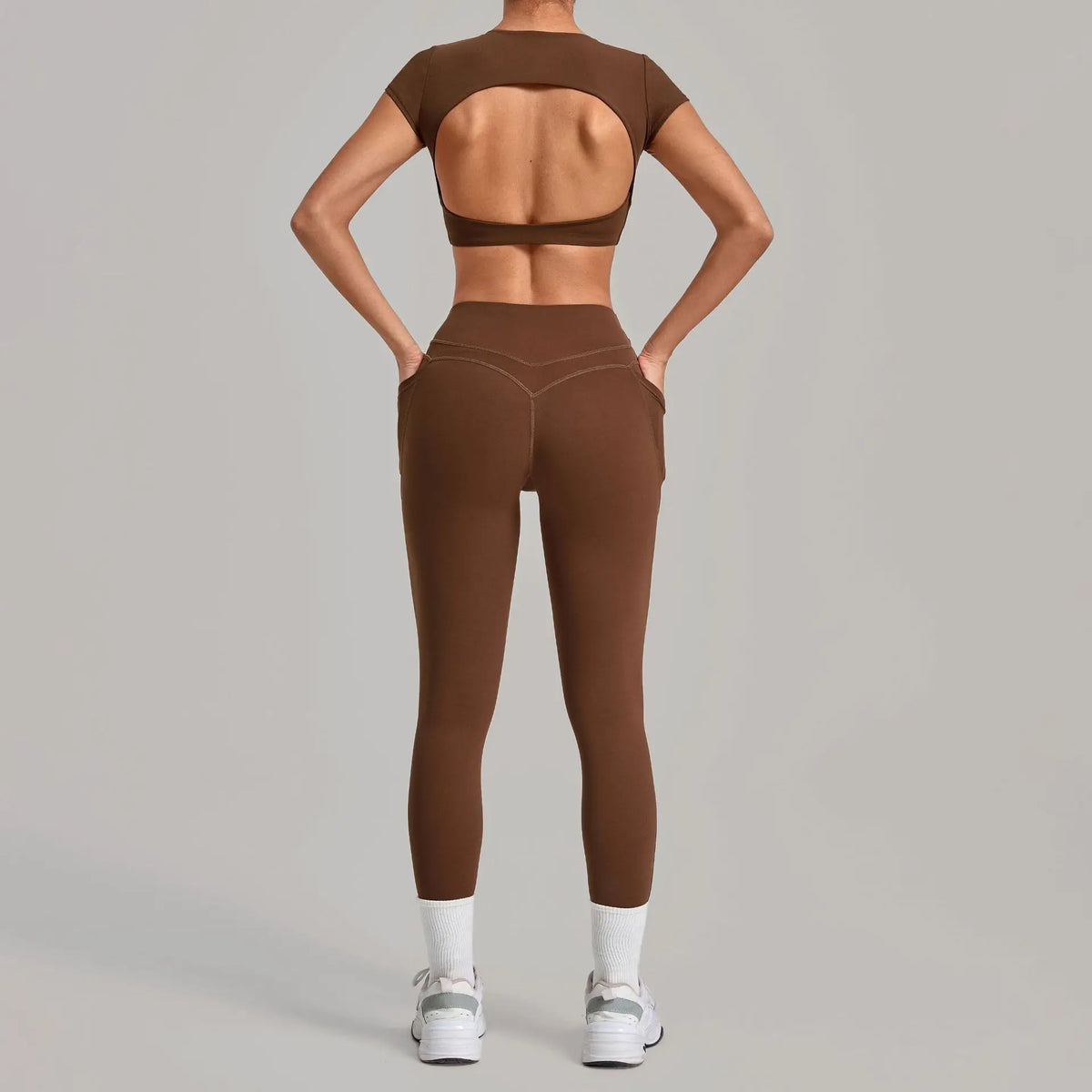 Yoga Set Women's Tracksuit Short Sleeve Back Hollow Out Sports Top Athletic Wear Tight High Waist Pocket Leggings Fitness Suits