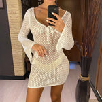 V Neck Long Sleeve Hollow Out Crochet Knitted Tunic Beach Cover Up Cover-ups Beach Dress Beach Wear Beachwear Female Women V6081