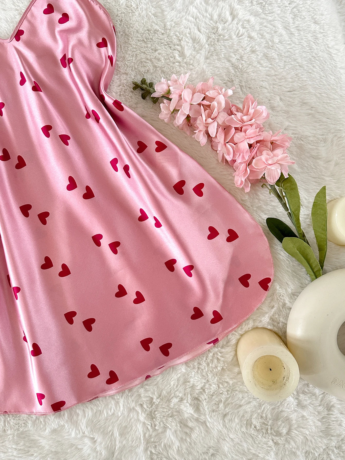 New Women's Pink Slip Nightdress Heart Print V Neck Spaghetti Strap Chemise Cute and Sweet Sleepwear for Party or Daily Life