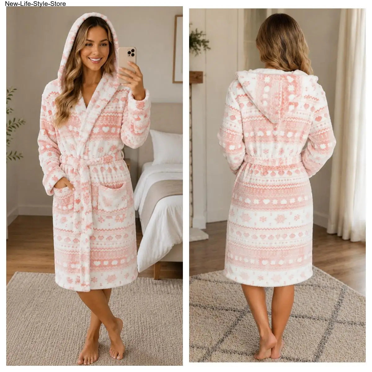 New Women Winter Fleece Lined Long Bathrobe Thick Warm Plush Robe Loose Loungewear Sleepwear Home Robe