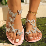 Summer Bling Butterfly Diamond Flat Sandals for Women Luxury Pearl Elastic Band Woman Sandles Plus Size Woman Sandals