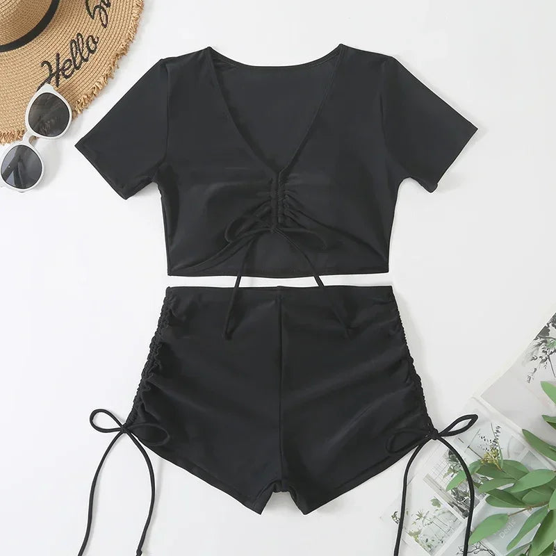Black Drawstring Swimwear Bikinis Sets Mujer 2026 Crop Top Shorts Bottom Swimsuit Women Sexy Bathing Suit Beachwear Bikini Swim