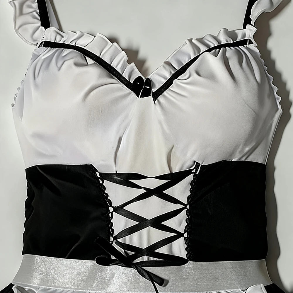 Women Maid Costume Outfit Black White Ruffle Sleeveless Suspender Dress with Apron for Halloween Cosplay Themed Party Role Play