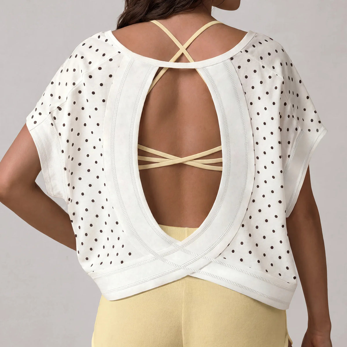 Summer Back Hollow Out Yoga T Shirts Women Polka Dot Print Short Sleeve Loose Sports Cover Up Breathable Training Fitness Tops