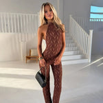 FDYOUI Women's Halter Neck Backless Evening Party Jumpsuits Lady Elegant Sleeveless Lace Overalls One Piece Bodysuit Streetwear